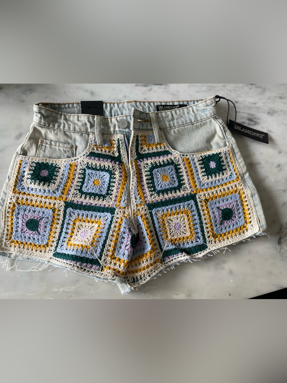 Blank NYC Ivory Denim Shorts with Multicolor Crochet Patch